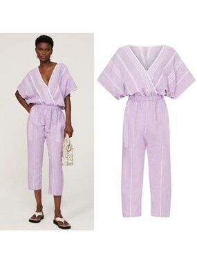 Paradised Merri Wrap Effect Stripe Jumpsuit XS Purple Beach Coverup Cotton